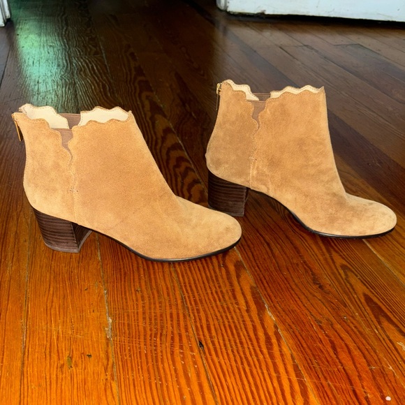 Lands End Tan Suede Womens High Heel Scalloped Ankle Booties - Picture 2 of 8